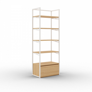 Coline 2200, meuble mural autoportant blanc 4 étagères bois avec tiroir face simple