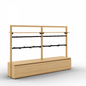 Toline gondole 1500 avec 1 étagère bois et 2 barres penderie avec doubles facing, version double