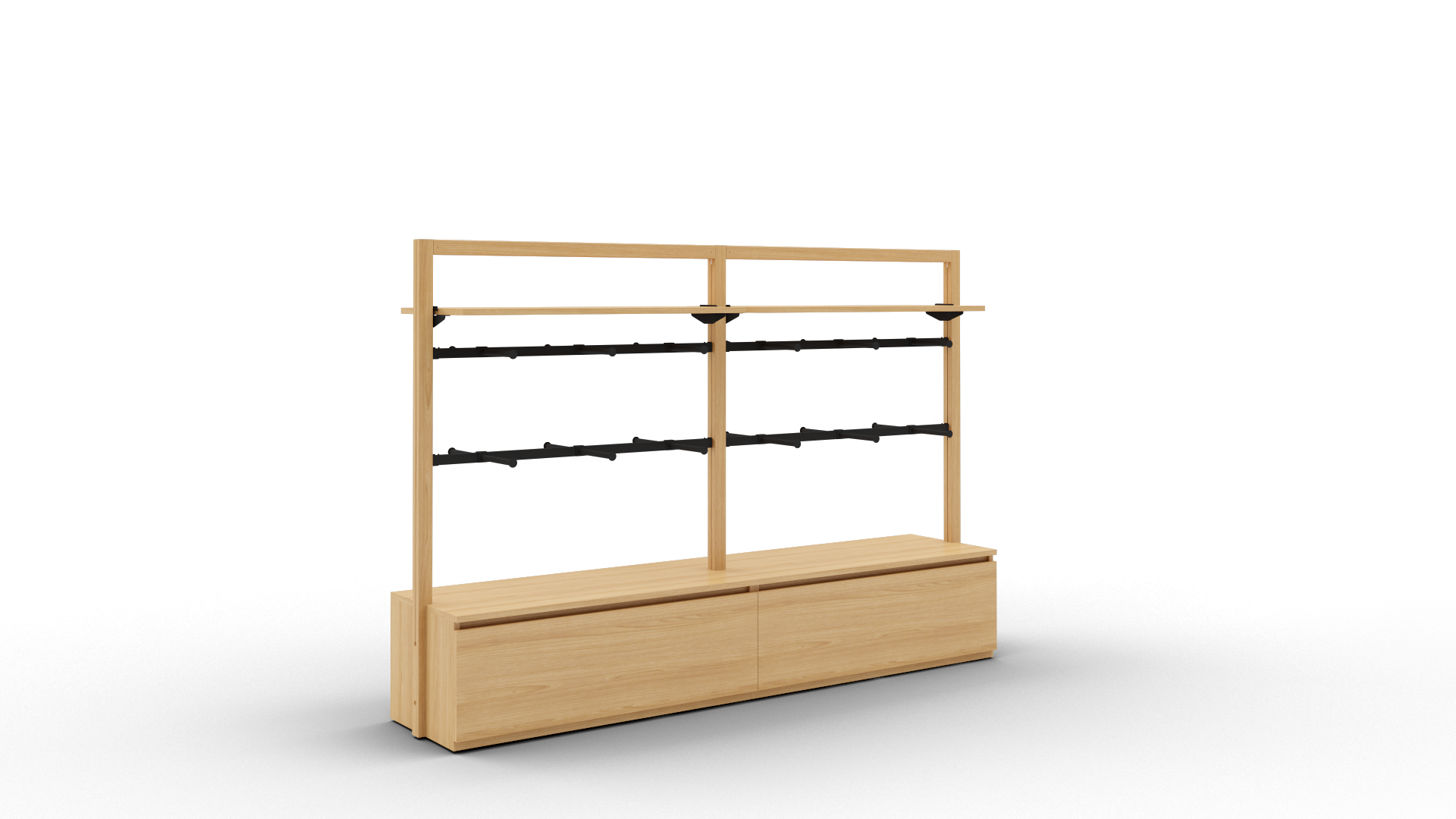 Toline gondole 1500 avec 1 étagère bois et 2 barres penderie avec doubles facing, version double