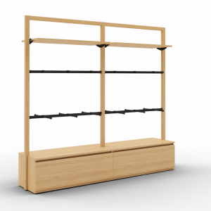 Toline mural 2200 avec 1 étagère bois et 2 barres penderies avec double facing, version double