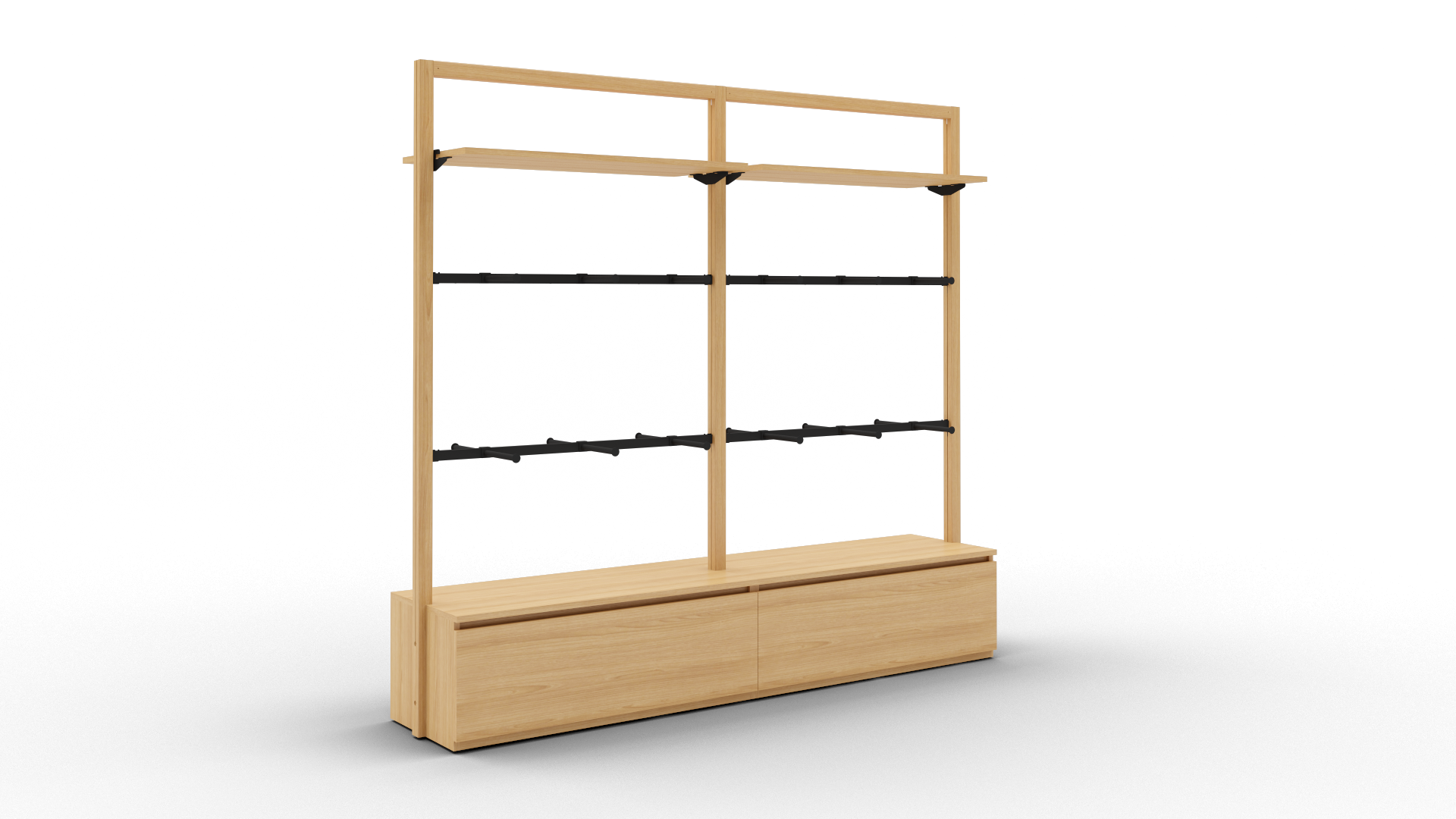 Toline mural 2200 avec 1 étagère bois et 2 barres penderies avec double facing, version double