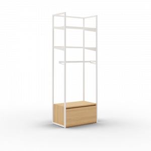 Coline 2200, meuble mural autoportant blanc 2 étagères métal avec tiroir face simple et barre penderie