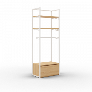 Coline 2200, meuble mural autoportant blanc 2 étagères bois avec tiroir face simple et barre penderie