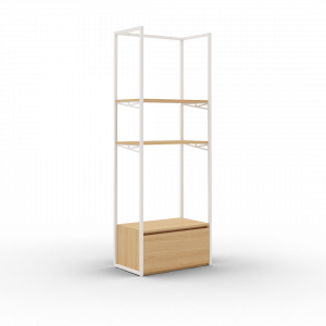 Coline 2200, meuble mural autoportant blanc 2 étagères métal avec tiroir face simple et barre penderie (Copie)