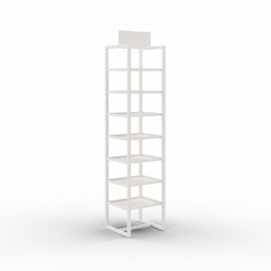 Holine, meuble tour autoportante blanc tablettes métal + panneau rappel de marque